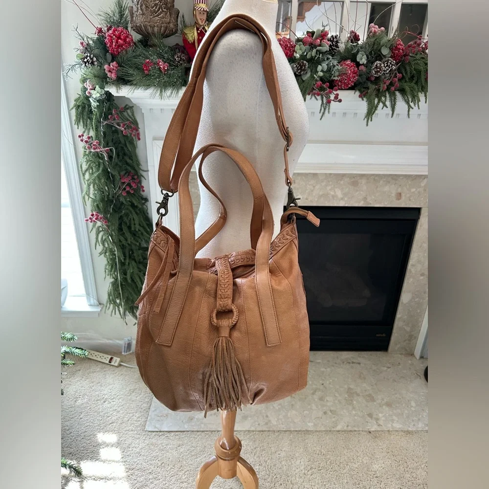 Day & Mood Tan Leather Convertible Hobo Bag